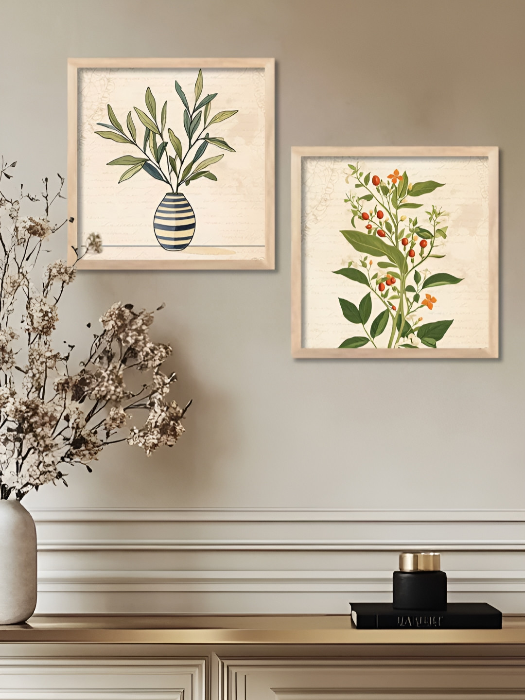 WALLLANE Floral Wood 2 Piece Wall Rectangle Paintings Wall Art-21.3 x 10.2In