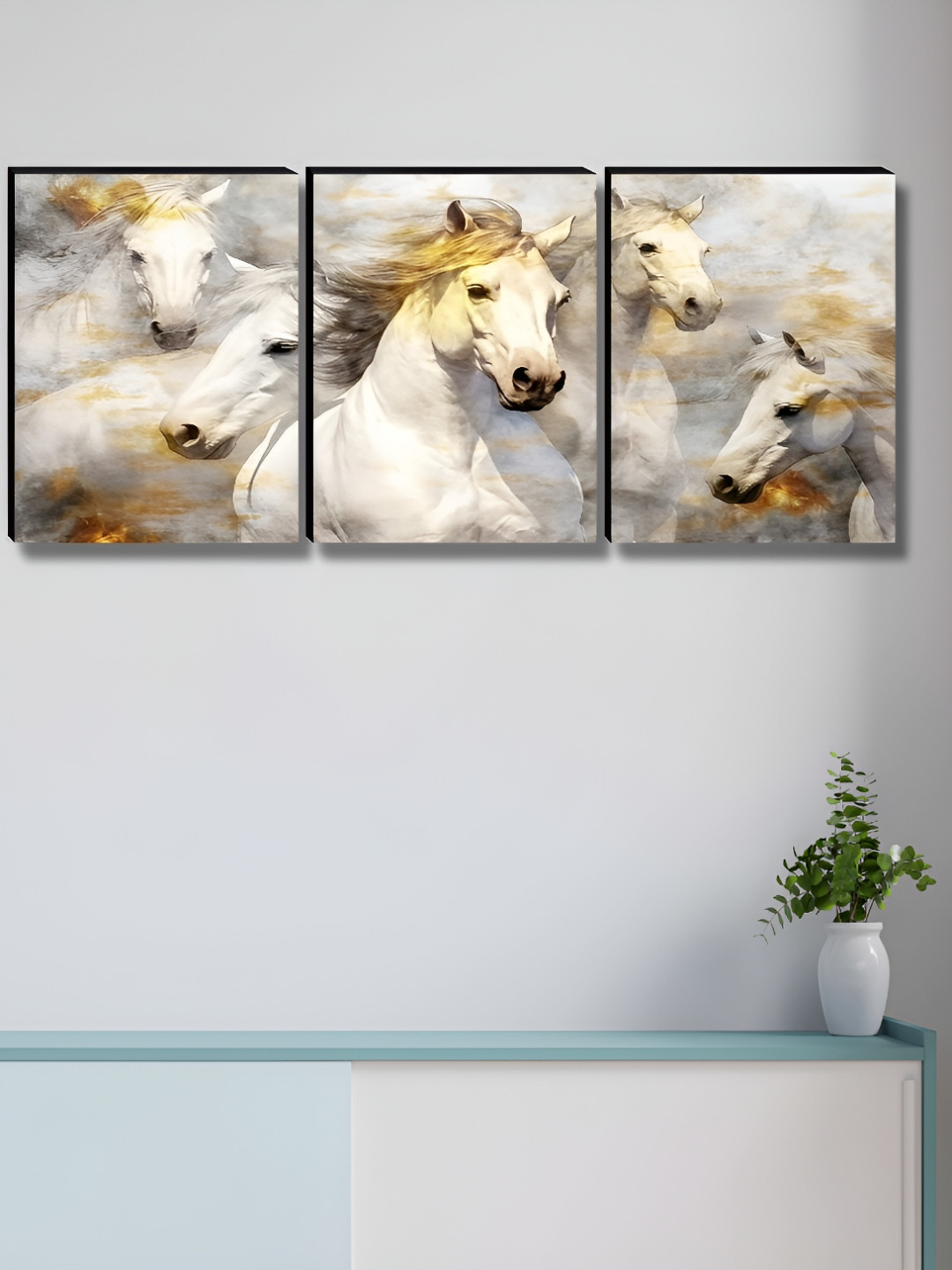 Aura White & Grey 3 Pieces Horses Printed Wooden Wall Paintings