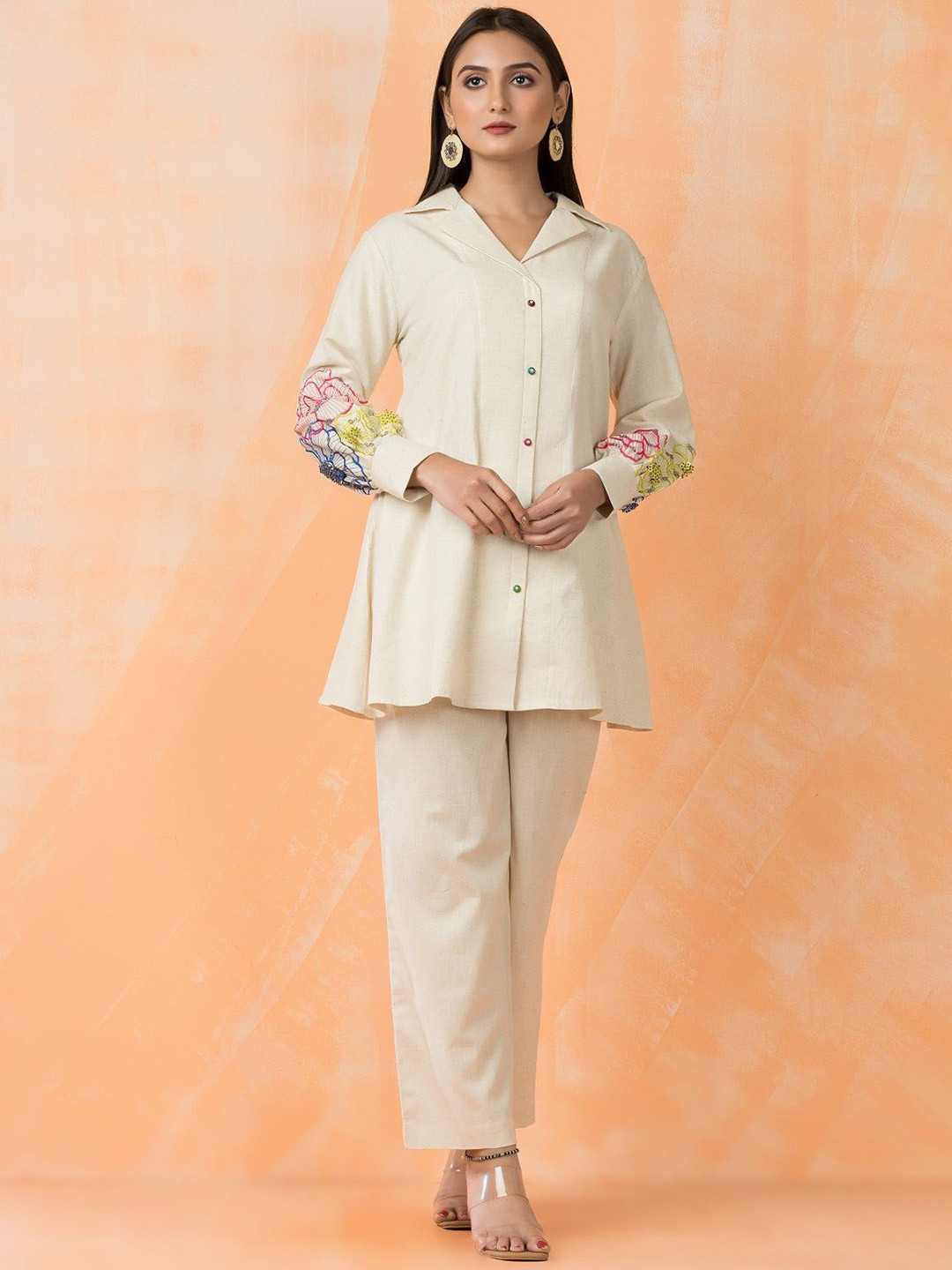AUTUMN LANE Niharika Daisy Embroidered Collar Neck Pure Cotton Tunic & Trousers Co-Ords
