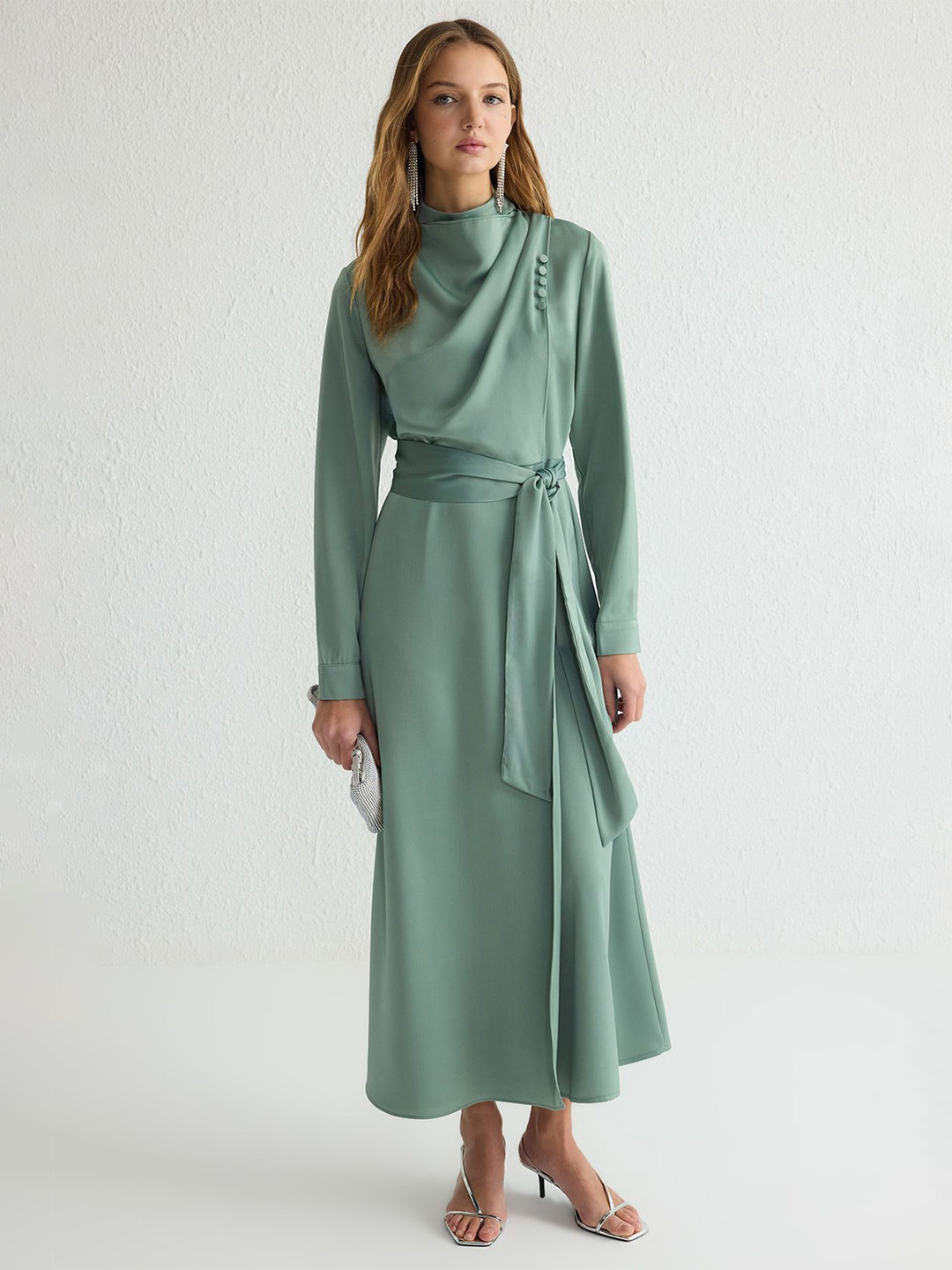 Trendyol A-line Cuffed Sleeves High Neck Maxi  Dress