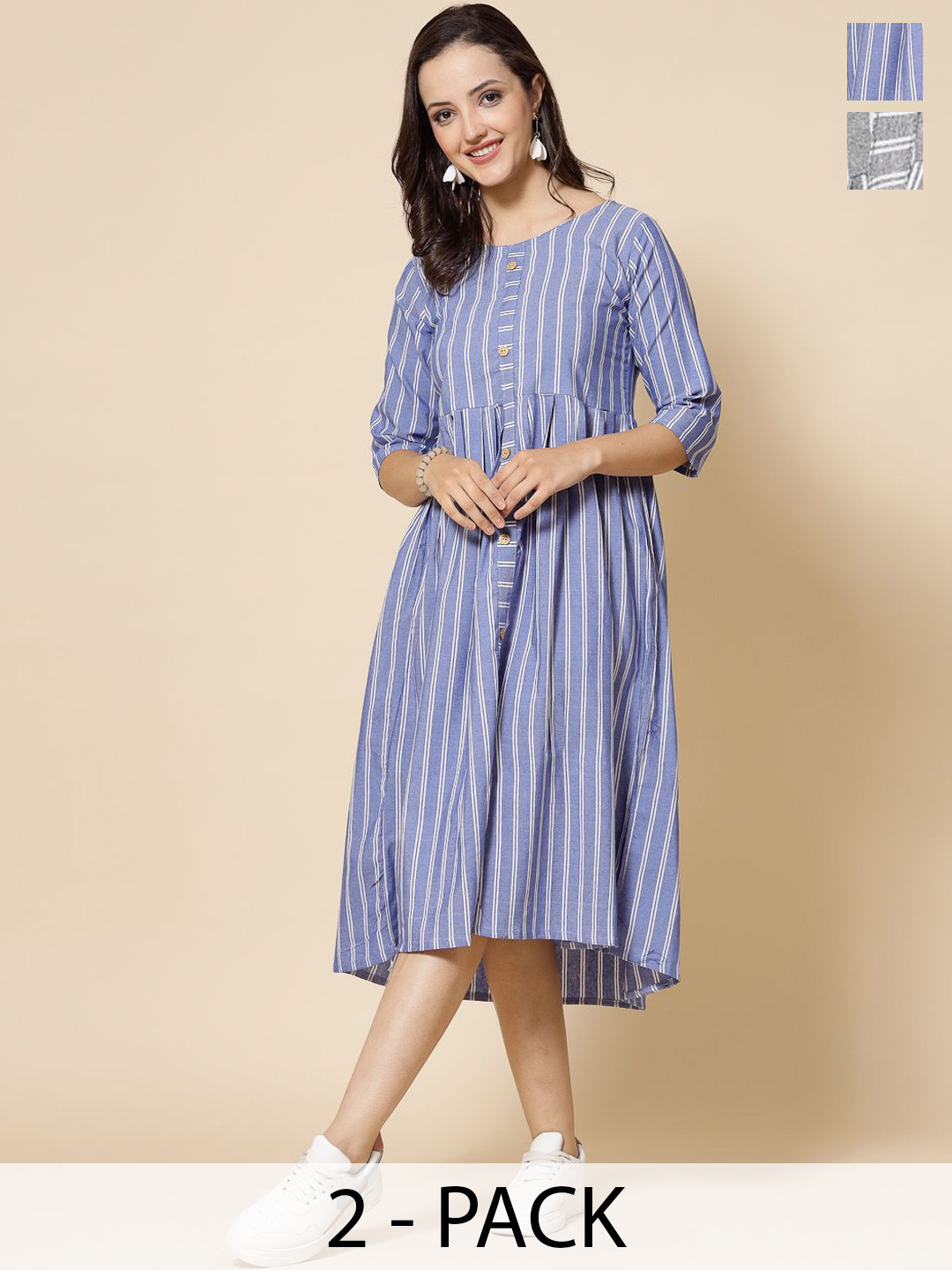 Moda Rapido Selection Of 2 Striped Round Neck A Line Pure Cotton Dress