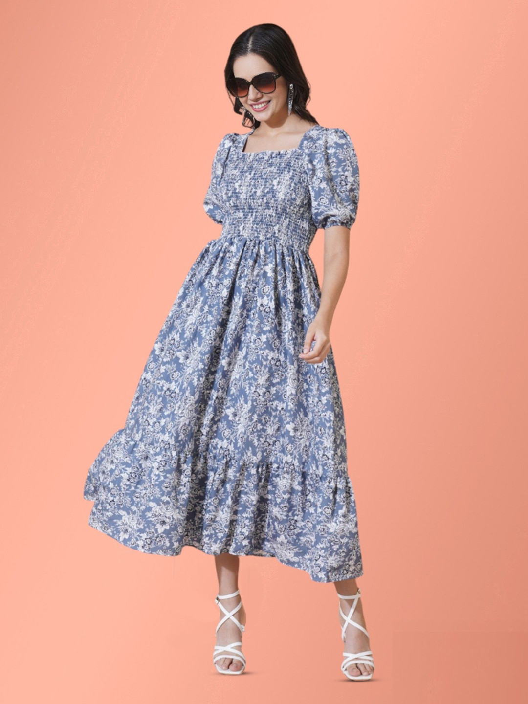 Krunal Raiyani Women Floral Printed Square-Neck Puff Sleeve Midi Fit & Flare Dress