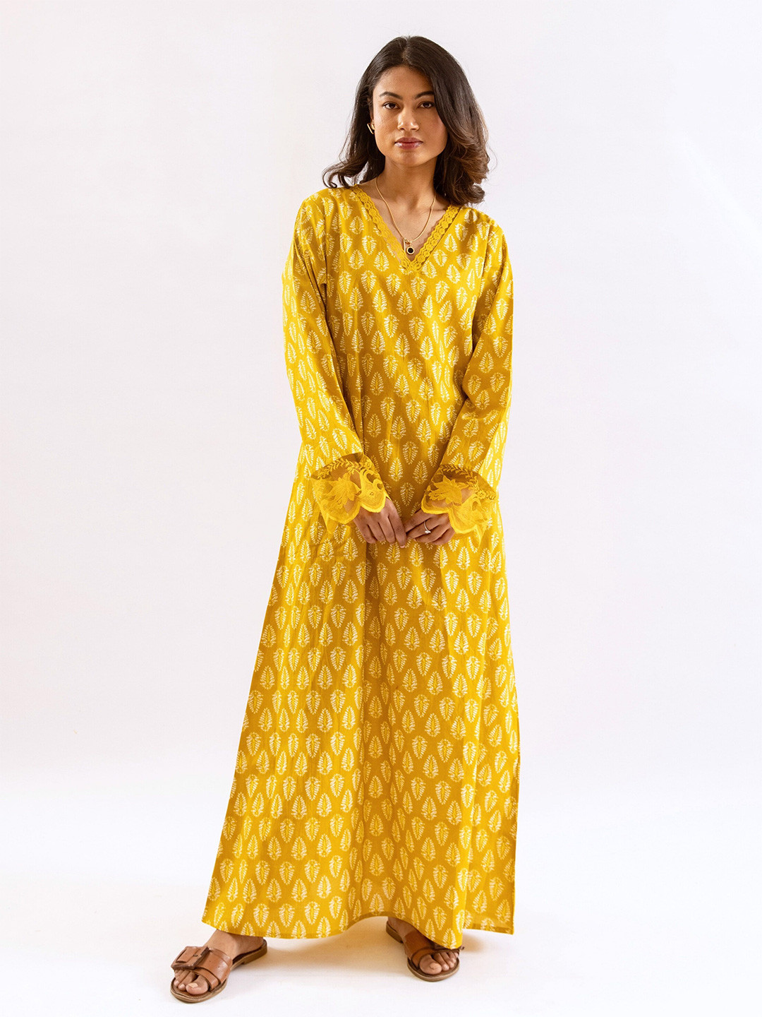 FEATHERS CLOSET Yellow Bloom Lacy Printed V-Neck Pure Cotton Maxi Nightdress