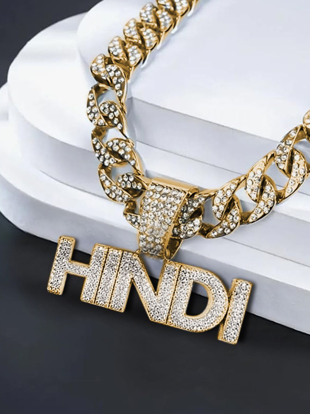 Krelin Men Hip Hop Gold-Plated Artificial Stones Studded Hindi Pendant With Chain