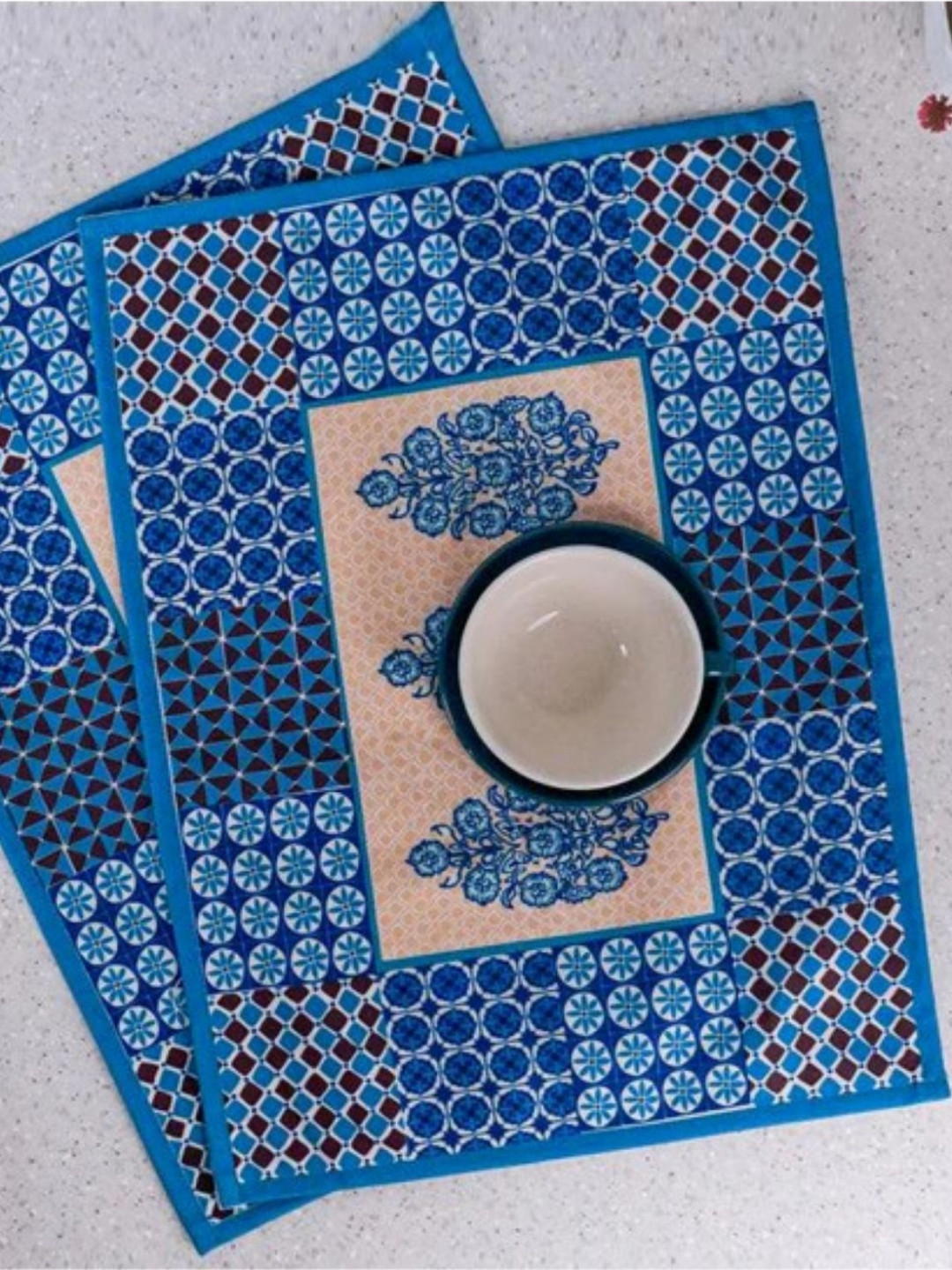 Indisca Designs Beige & Blue 2 Pieces Indigo Bloom Printed Table Placemats