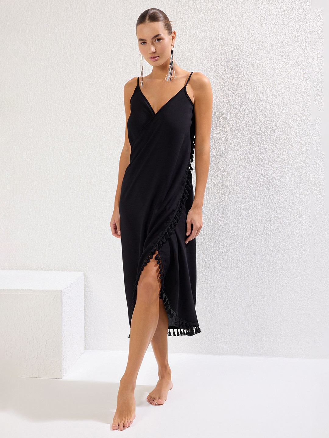 Trendyol Solid Black Tesseled Detail Shoulder Straps Neck Wrap Midi Dress