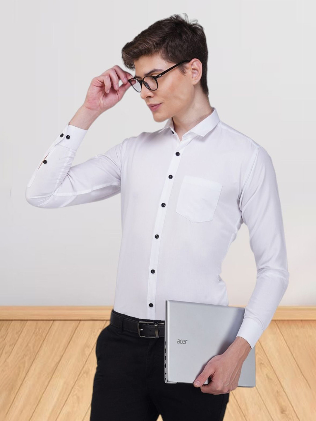 BASE 41 Men Spread Collar Solid Formal Shirt