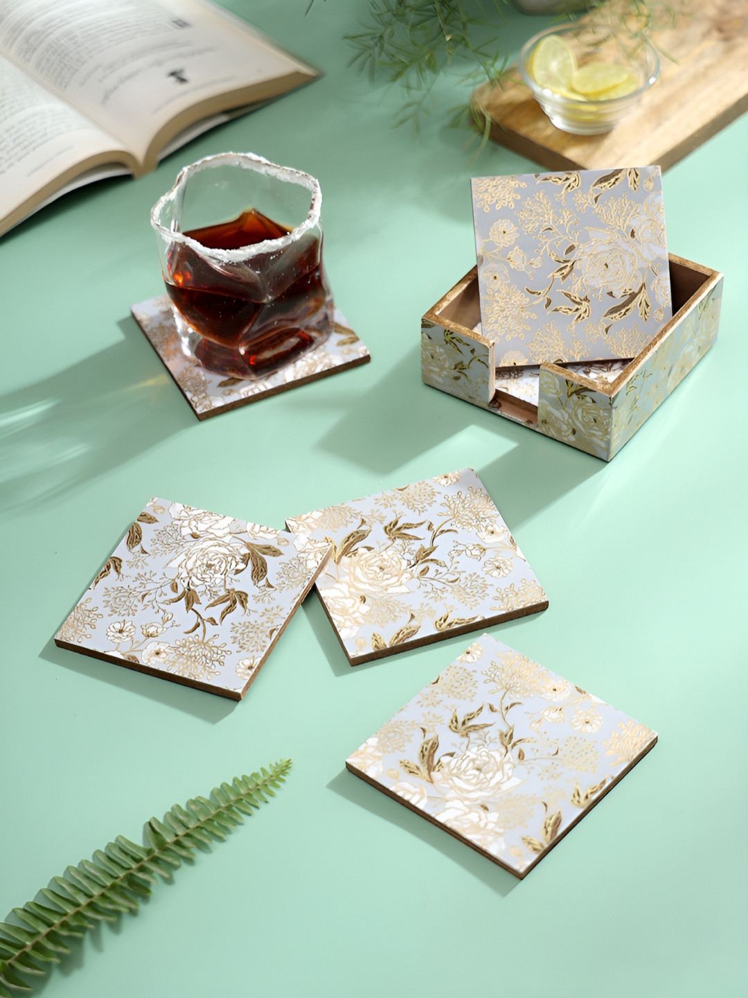 DULI Grey & Beige 6 Pcs Abstract Printed Square Waterproof Wooden Coasters With Stand