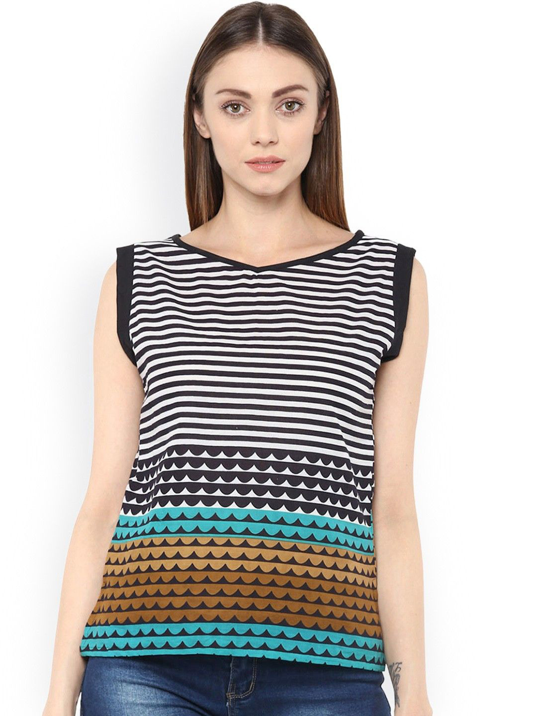 CORSICA Women Horizontal Stripped Print Cotton Top