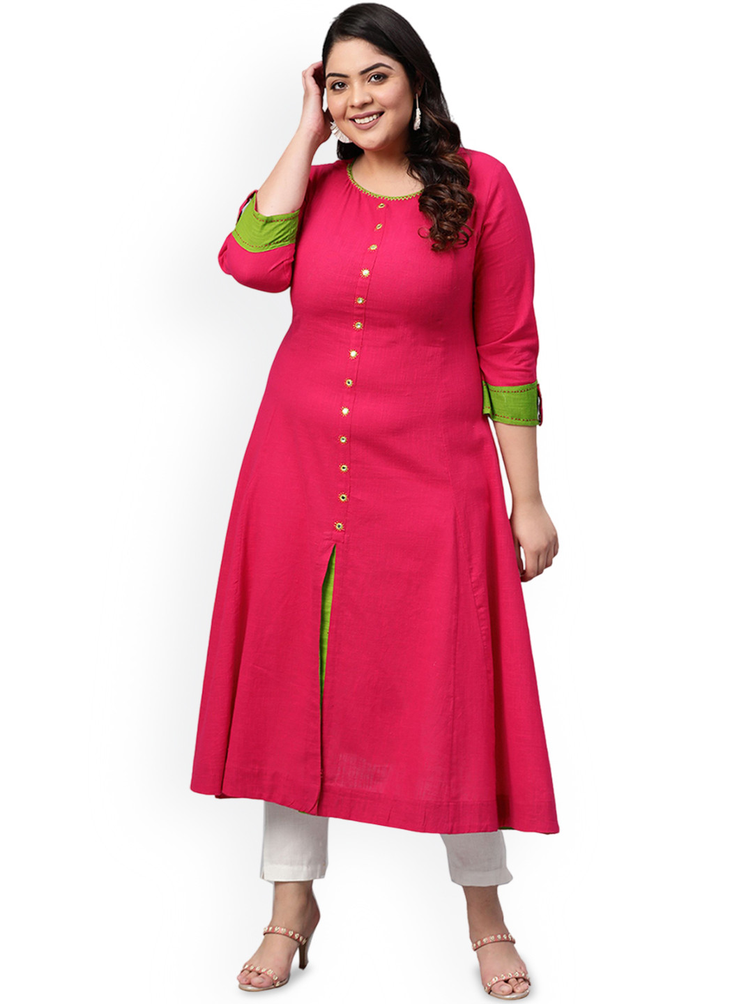 YASH GALLERY Round Neck Three-Quarter Sleeves Mirror Work A-Line Kurta