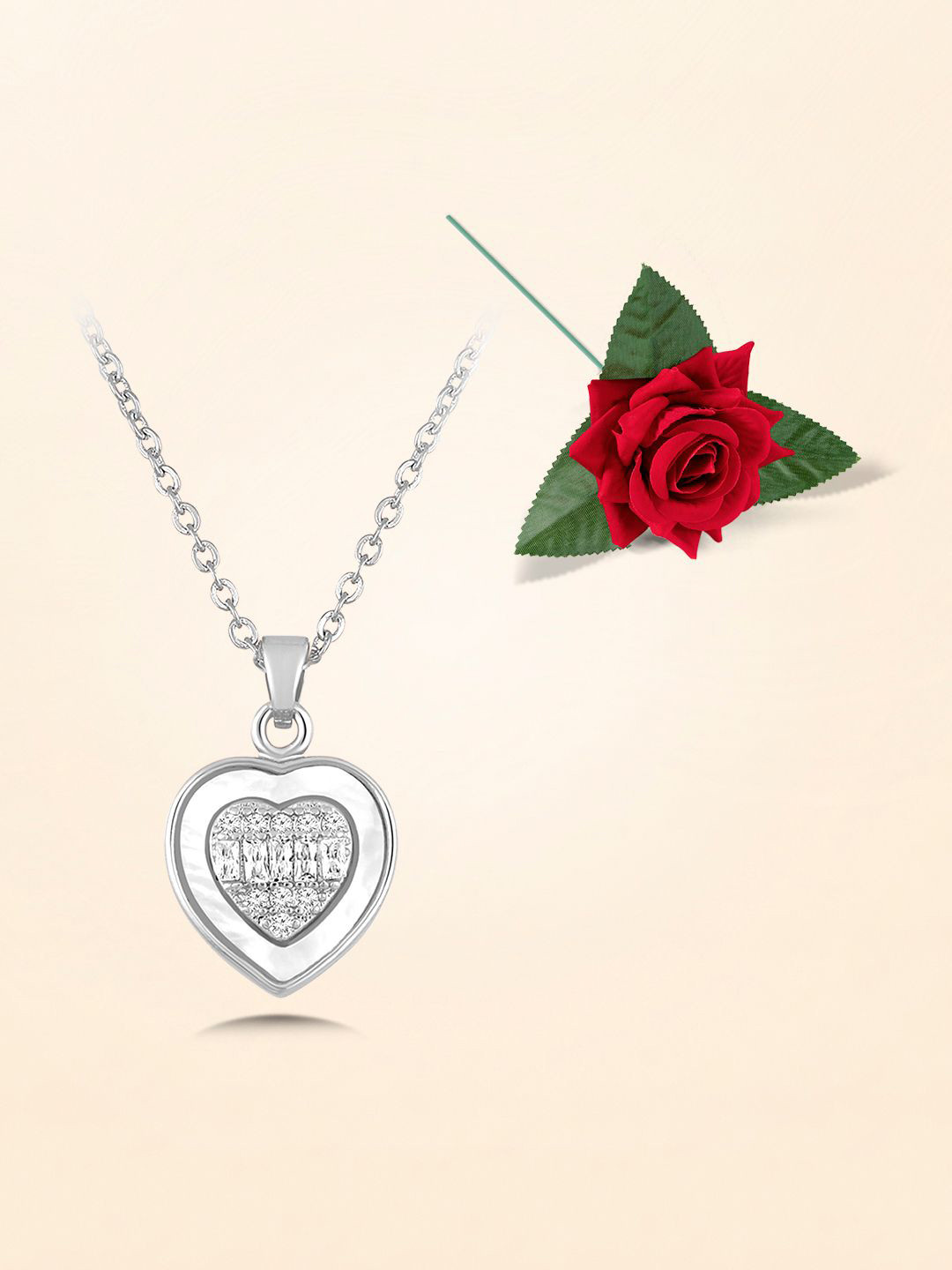 Peora Silver-Plated Cubic Zirconia Studded Heart Shaped Pendant Chain With Rose