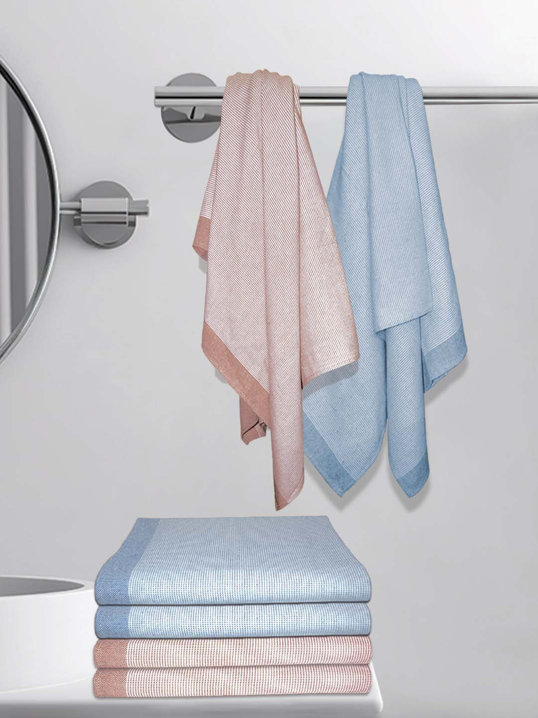 Athom Living Astar Blue & Peach-Coloured 6 Pieces Striped Cotton 210 GSM Bath Towels