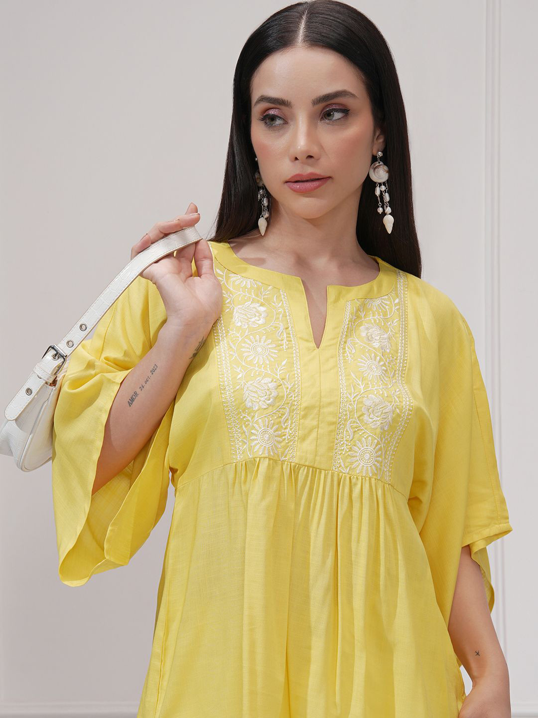 Vishudh  Women Yellow Embroidered Aline Kaftan Top