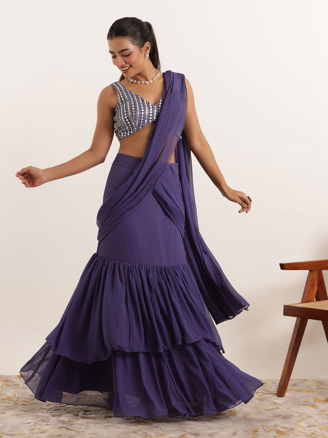 DEASHA INDIA Solid Pure Georgette Ruffle Saree