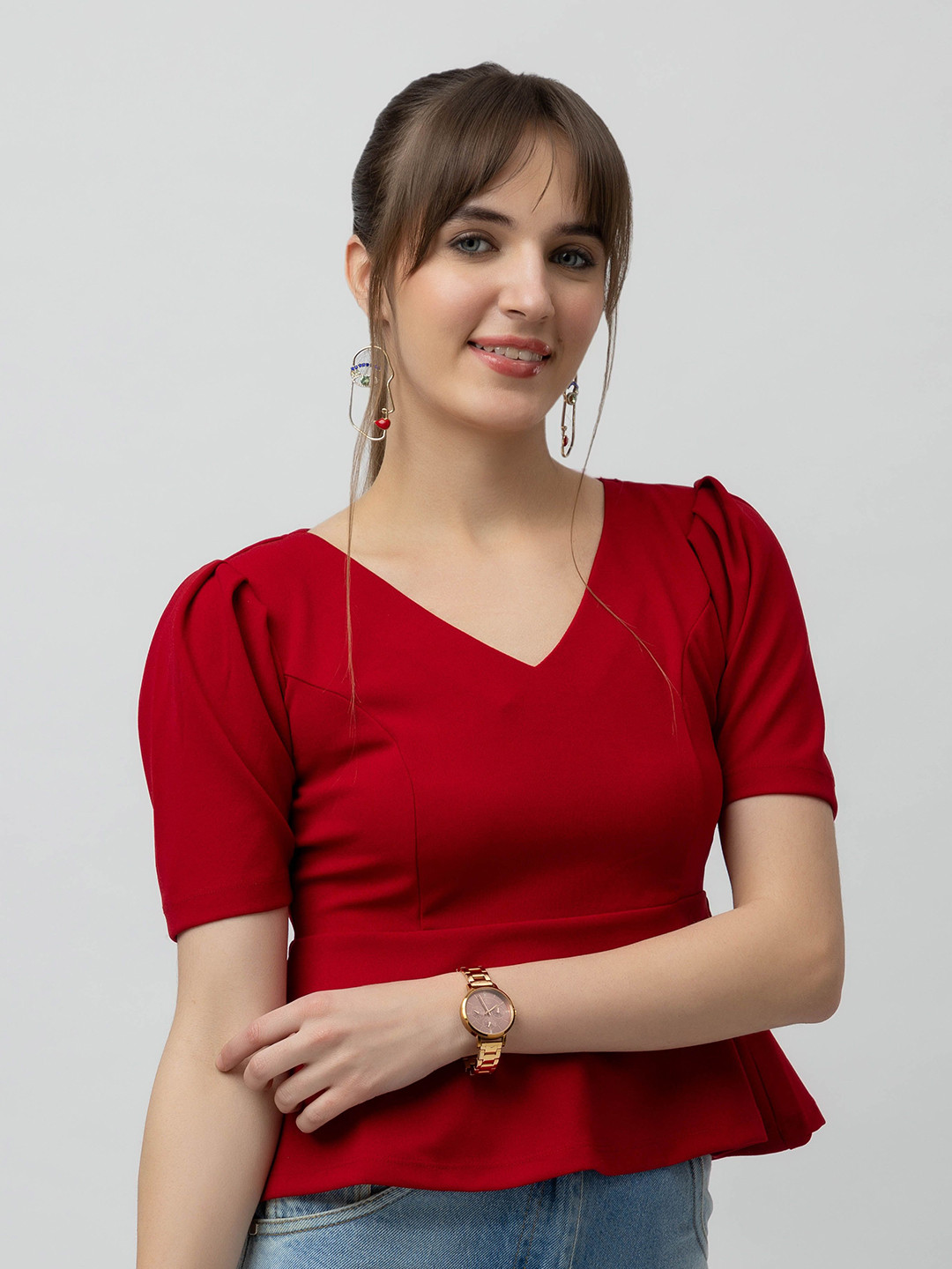 7OUNCE Women Cherry Red V-Neck Peplum Top