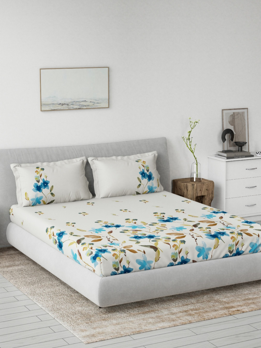 DDecor Hastkala Blue Floral Cotton 144 TC Queen Bedsheet with 2 Pillow Covers-90 x 108 inches