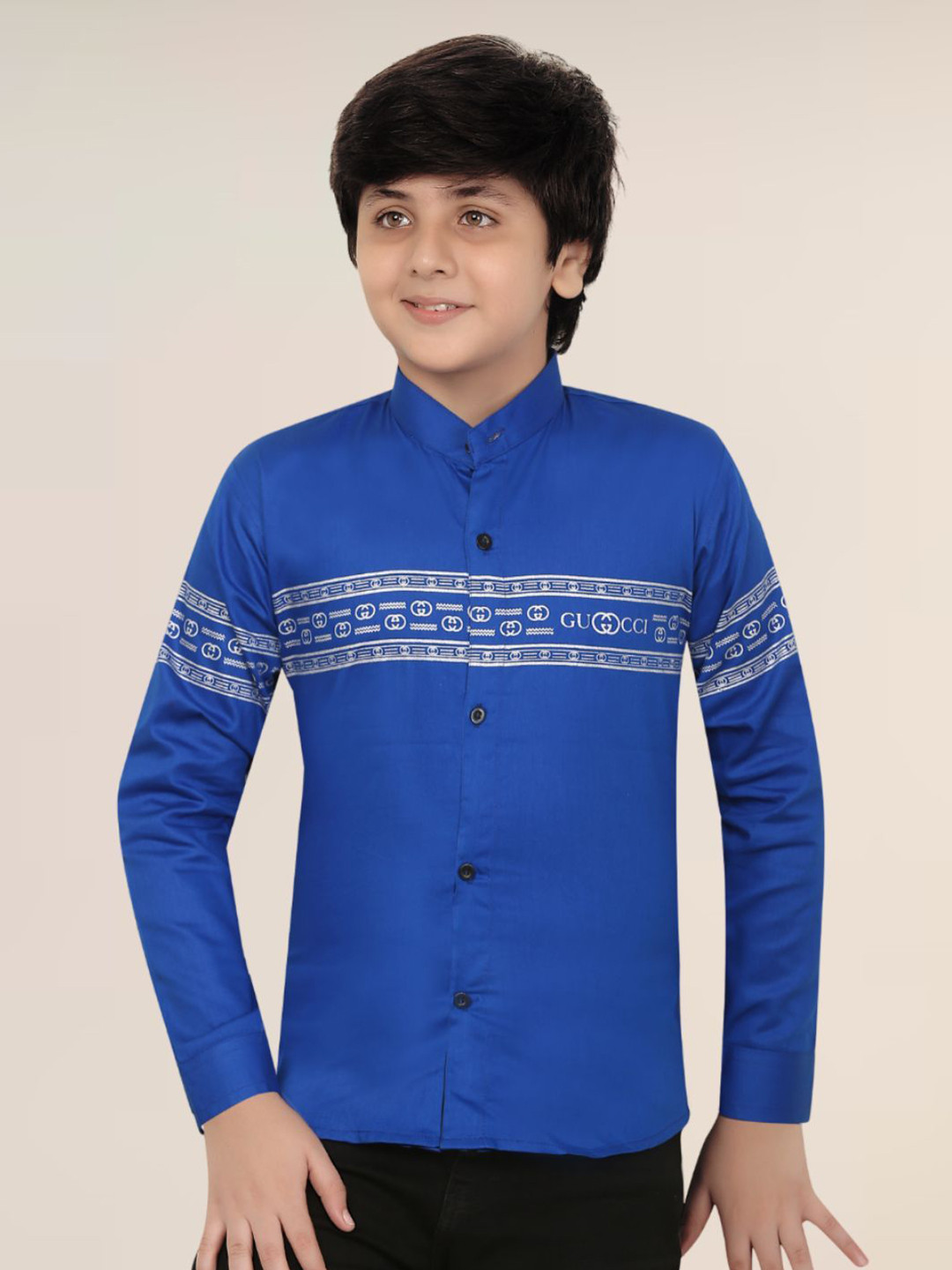 FASHION GRAB Boys Classic Regular Fit Band Collar Horizontal Striped Cotton Casual Shirt