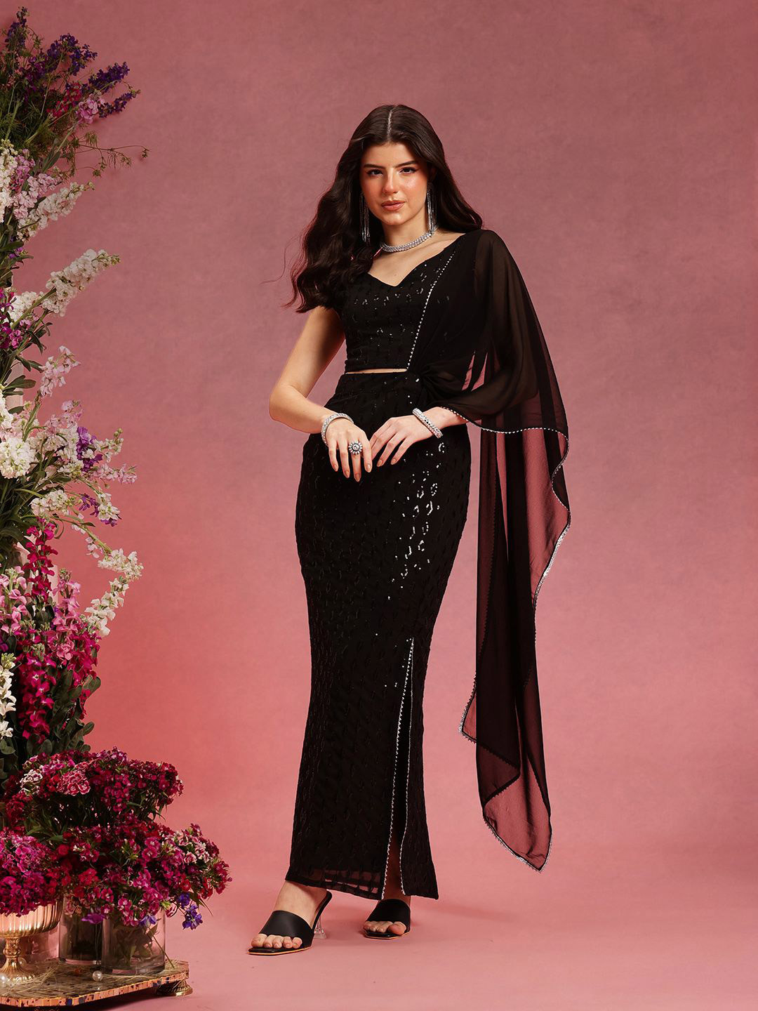 indo street Embellished Ready to Wear Draped Saree & Blouse