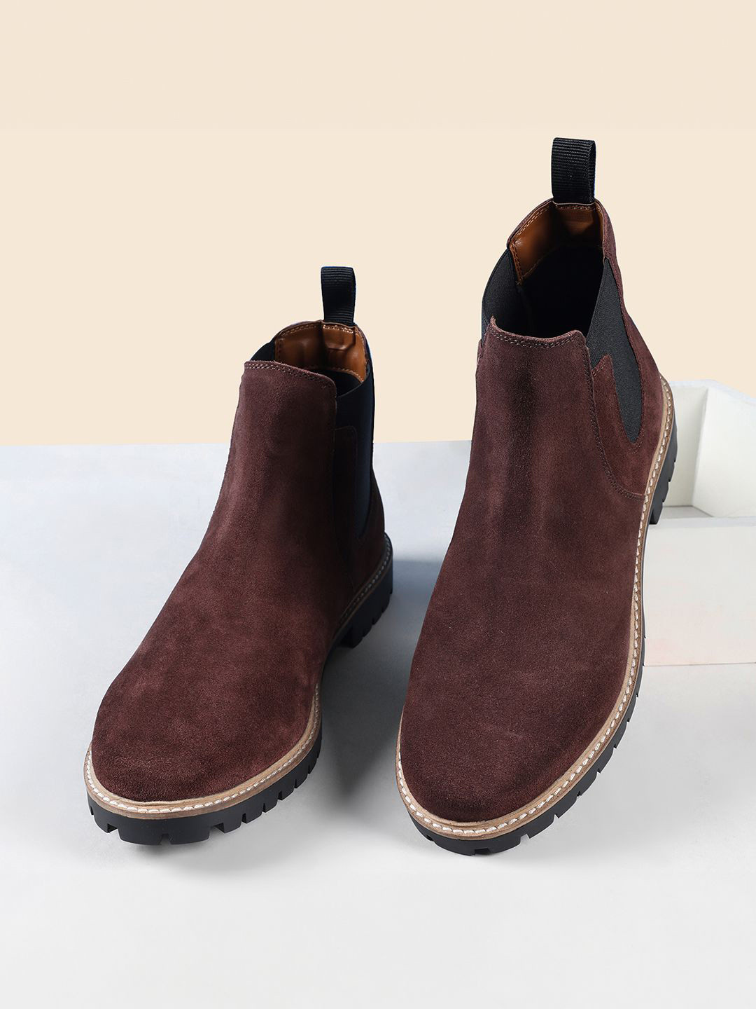 LOUIS STITCH Men Brunette Brown High Ankle Suede Leather Chelsea Boots
