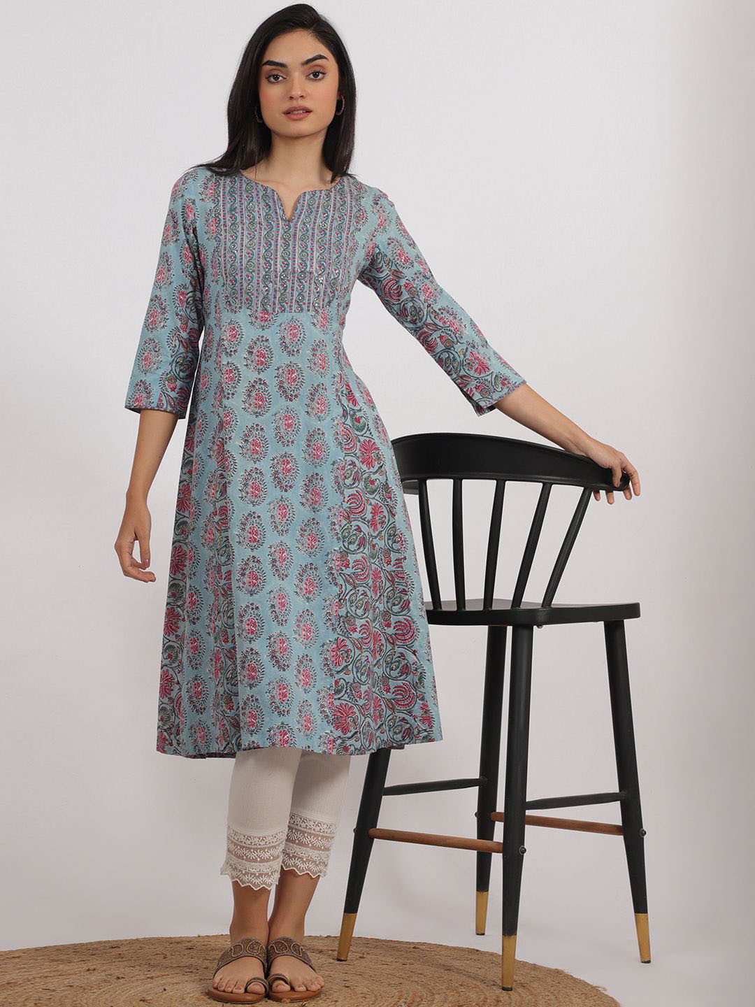 Folk Song Floral Printed V-Neck Thread Work Handblock Print Cotton A-Line Kurta