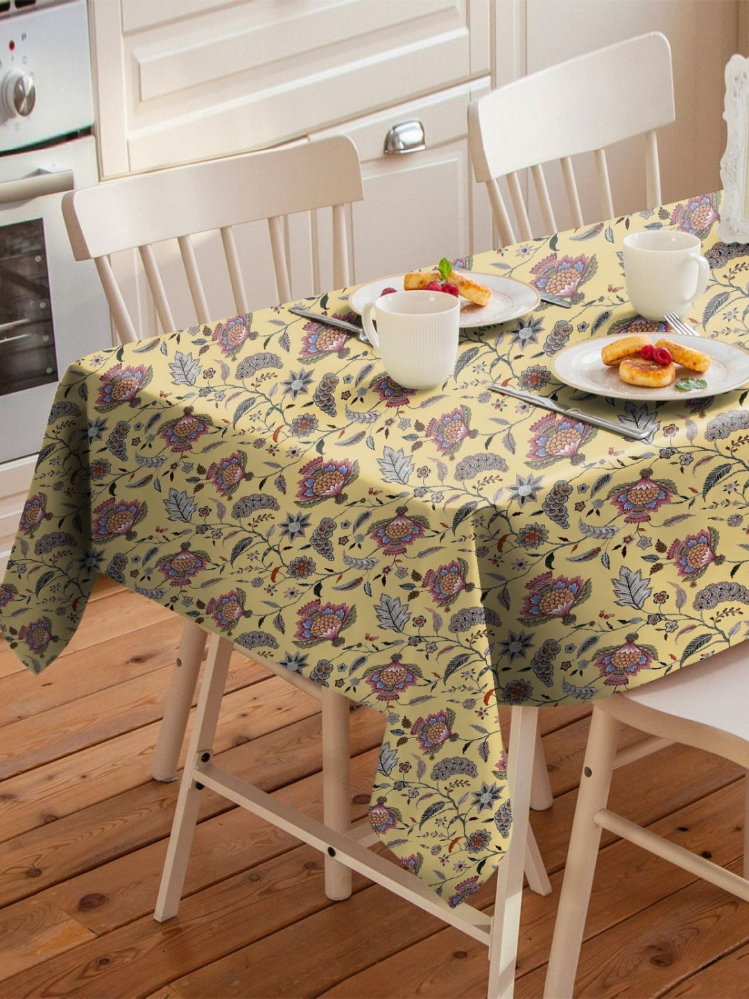 CASABLEU Premium Kasabah Yellow Floral Printed Rectangle 6-Seater Table Covers