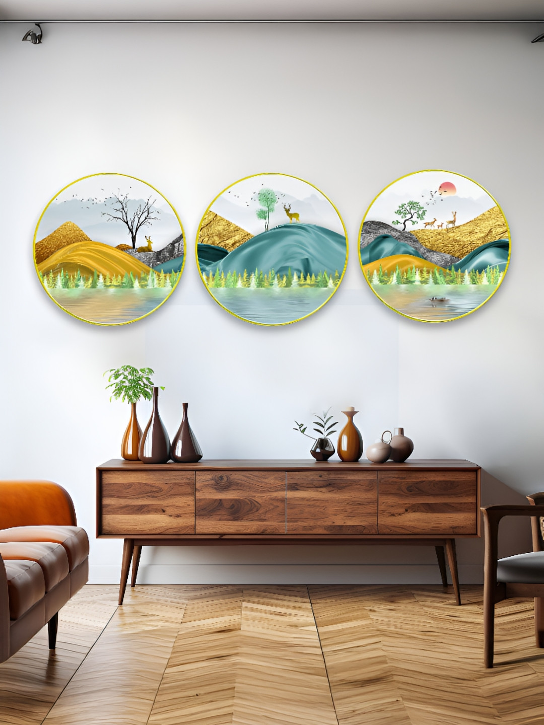 The Castle Decor Synthetic Wood 3 Piece Wall Round Paintings Wall Art - 24 x 24 In