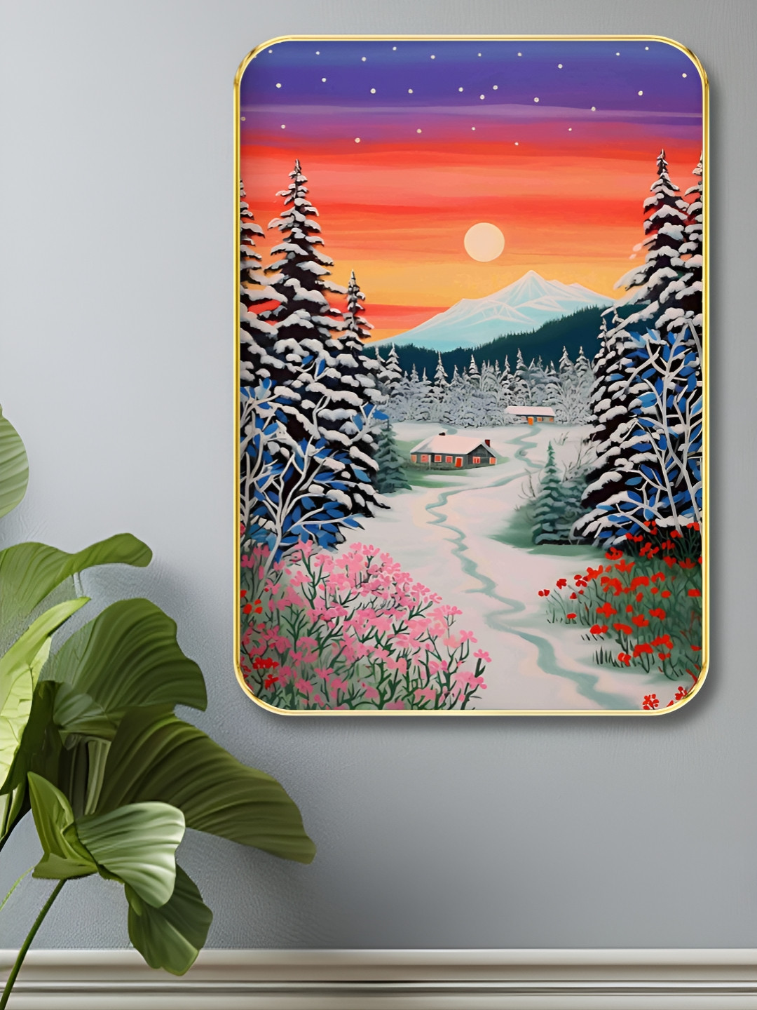 Myntra Elegant Homes Orange & Pink Moon And Tree Wooden Wall Art