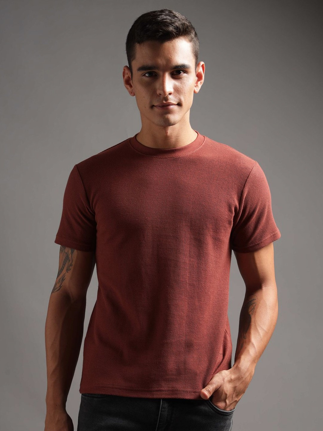 String Scape Men Honeycomb Waffle Textured Crew NeckCombed Cotton T-Shirt