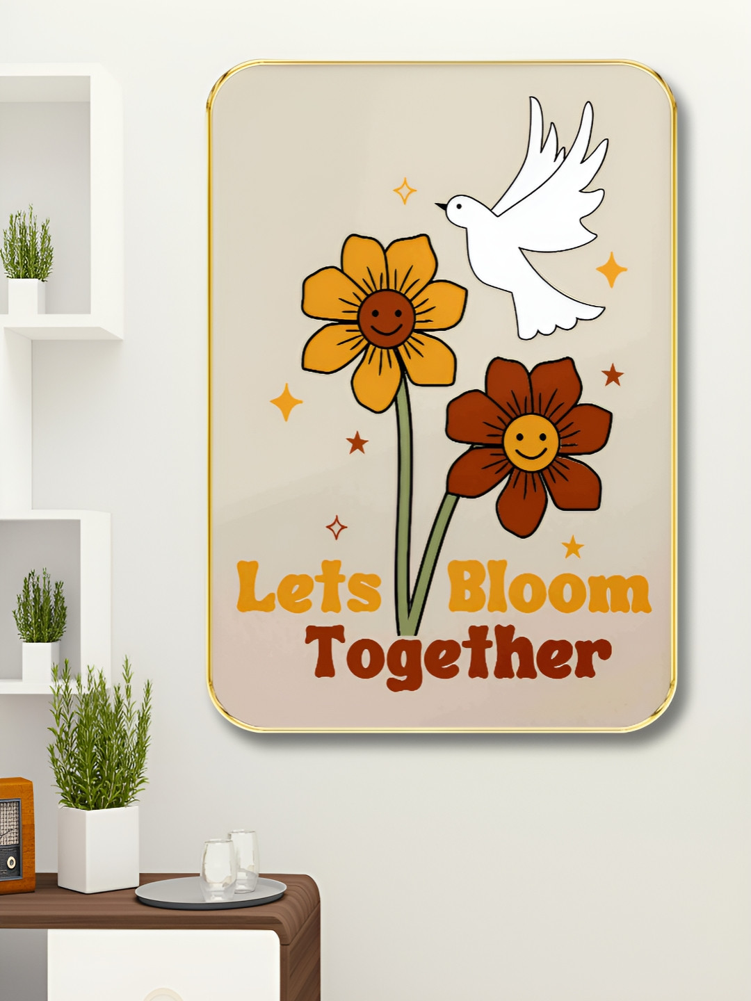 SAF Cream & Red Flowers And Bird Printed Wooden Wall Art