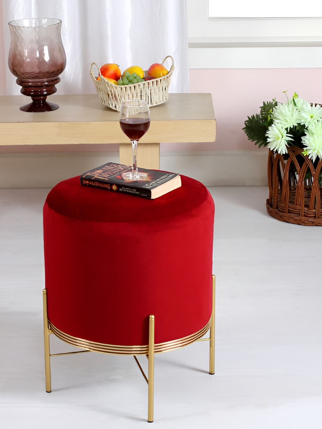 Shadowkart Red And Gold Toned Cylindrical Pouffes Ottomans