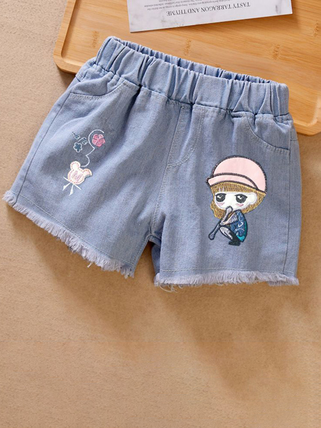 YK Girls Humour and Comic Washed Denim Shorts