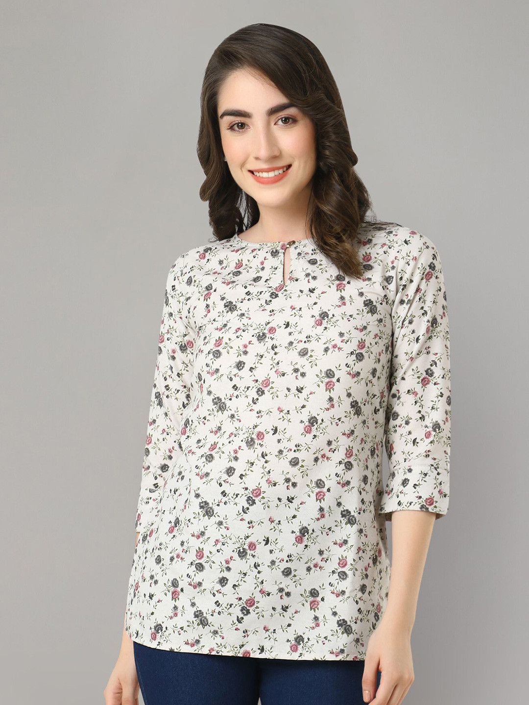 Zuvino Floral Print Keyhole Neck Longline Top