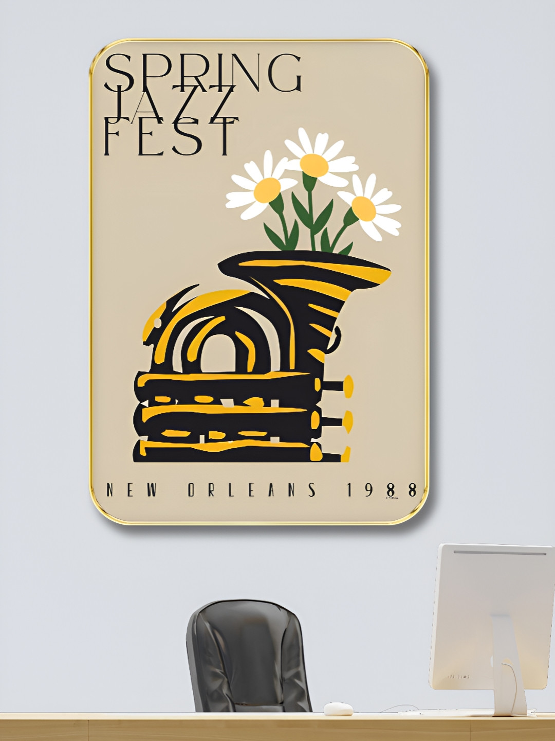 Aura Cream-Coloured & White Floral and Botanical Wood Jazz Festival Wall Art