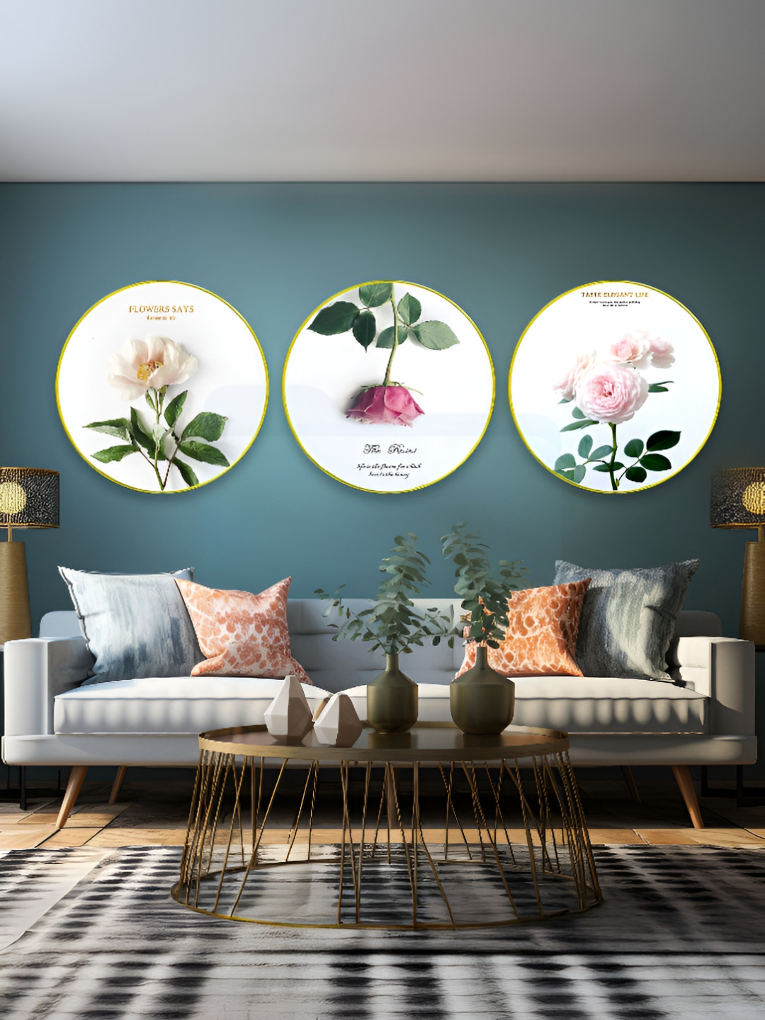 The Castle Decor Flowers Sparkle Wood 3 Piece Wall Round Paintings Wall Art - 24 x 24 In