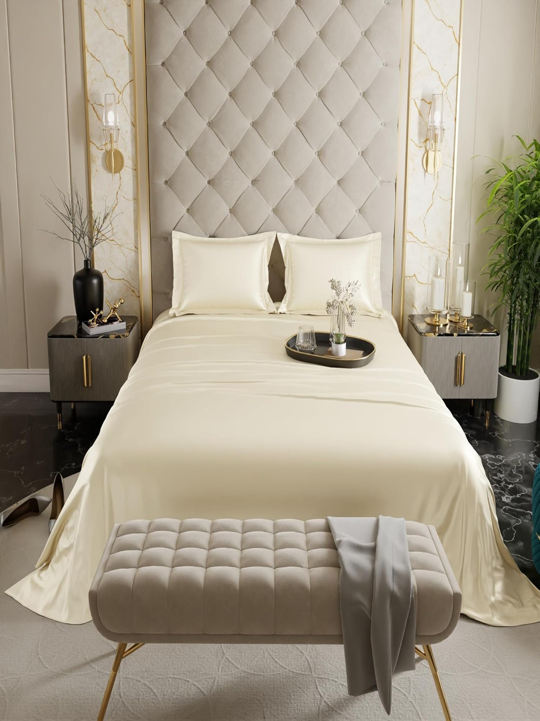 Nivasam Gloss Champagne Cotton 300 TC King Bedsheet with 2 Pillow Covers-2.74 m x 2.74 m