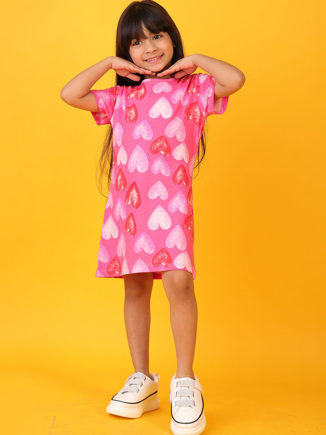 Anthrilo Girls Pretty Pink Heart Casual  A-Line Cotton Dress