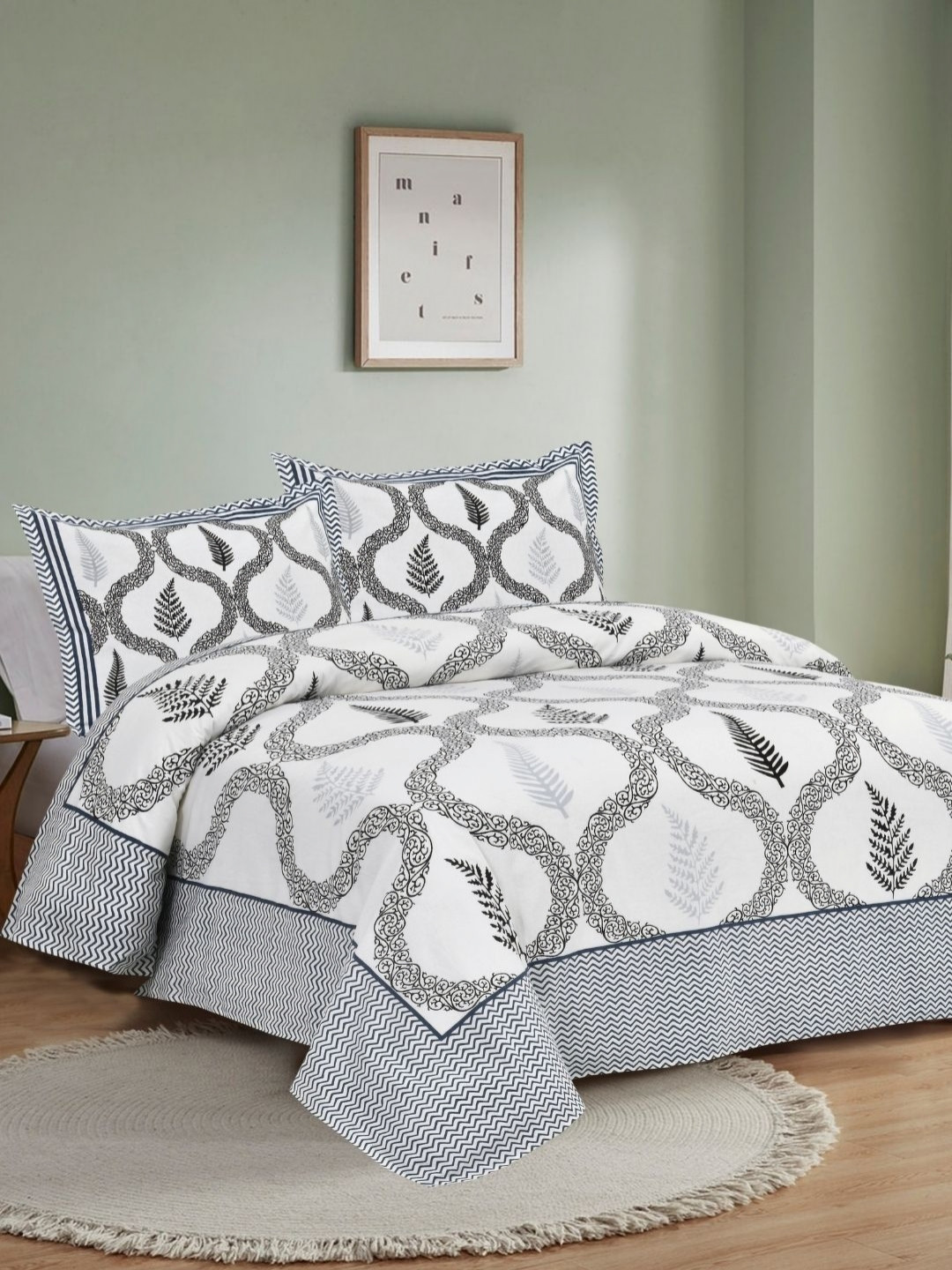 JAIPUR FABRIC Navy Blue Ethnic Motifs Cotton 240 TC King Bedsheet with 2 Pillow Covers-108 x 100 inches