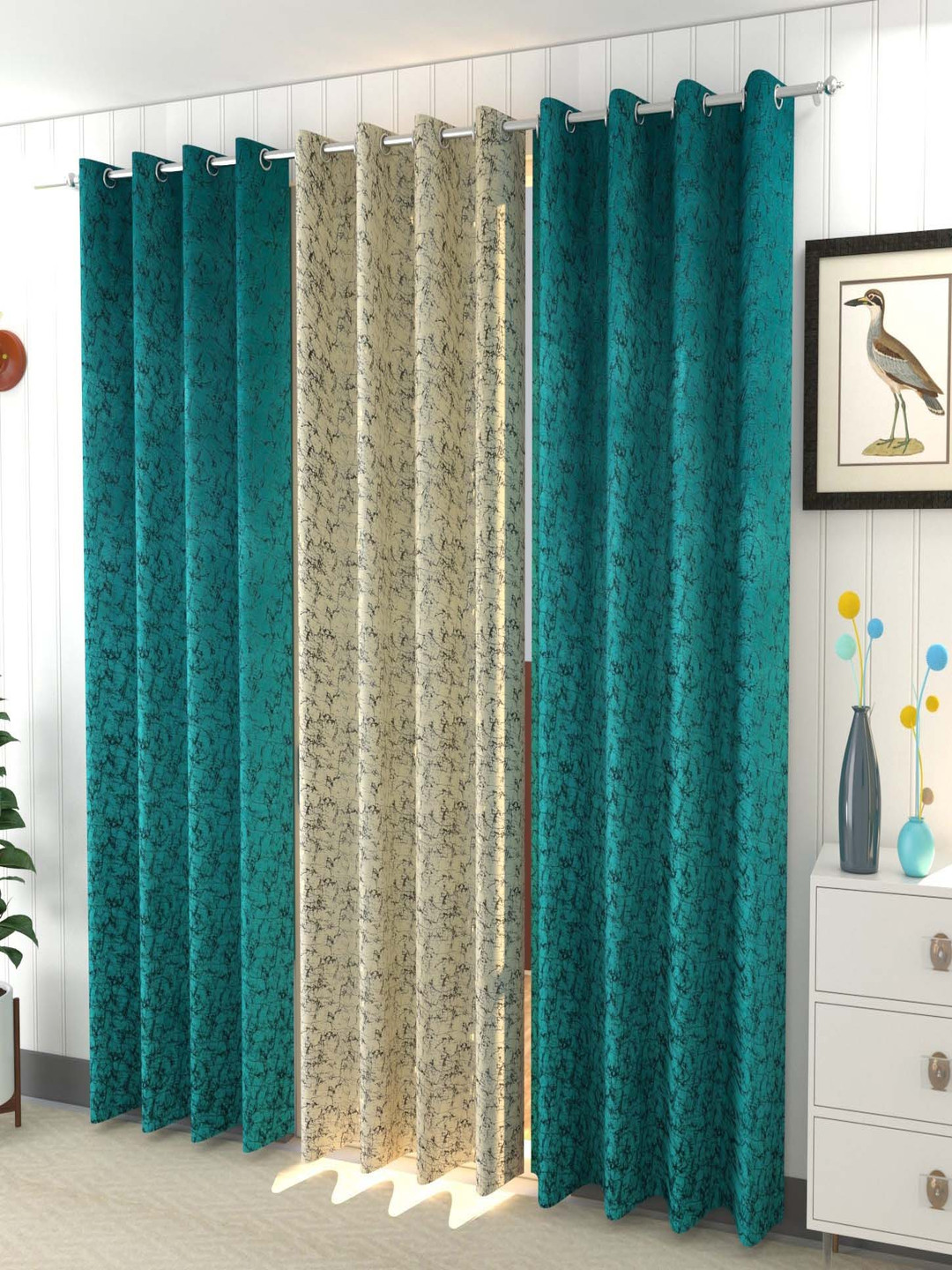 Galaxy Home Decor Teal & Yellow 3 Pieces Room Velvet Darkening Long Door Curtains