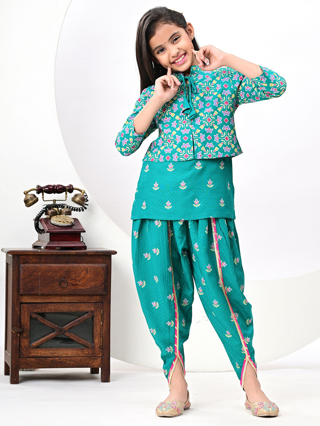 BAESD Girls Printed Round Neck Top With Dhoti Pants And Jacket
