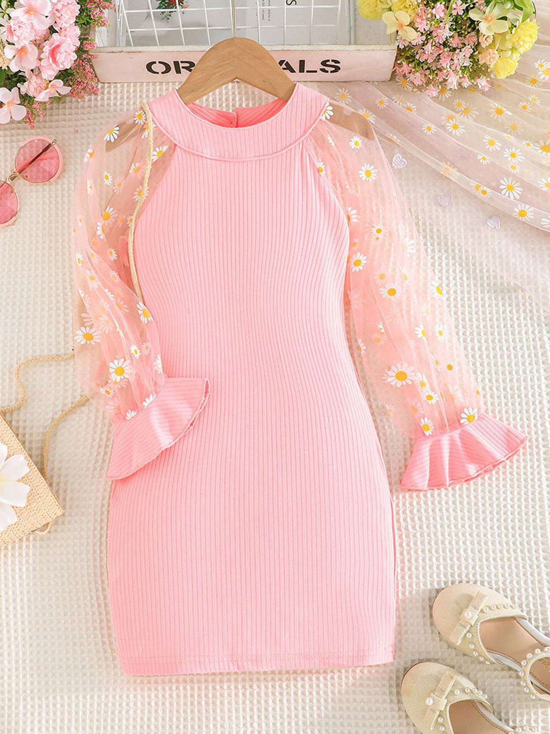 INCLUD Girls Pink Floral Print Flared Sleeve Net Bodycon Dress
