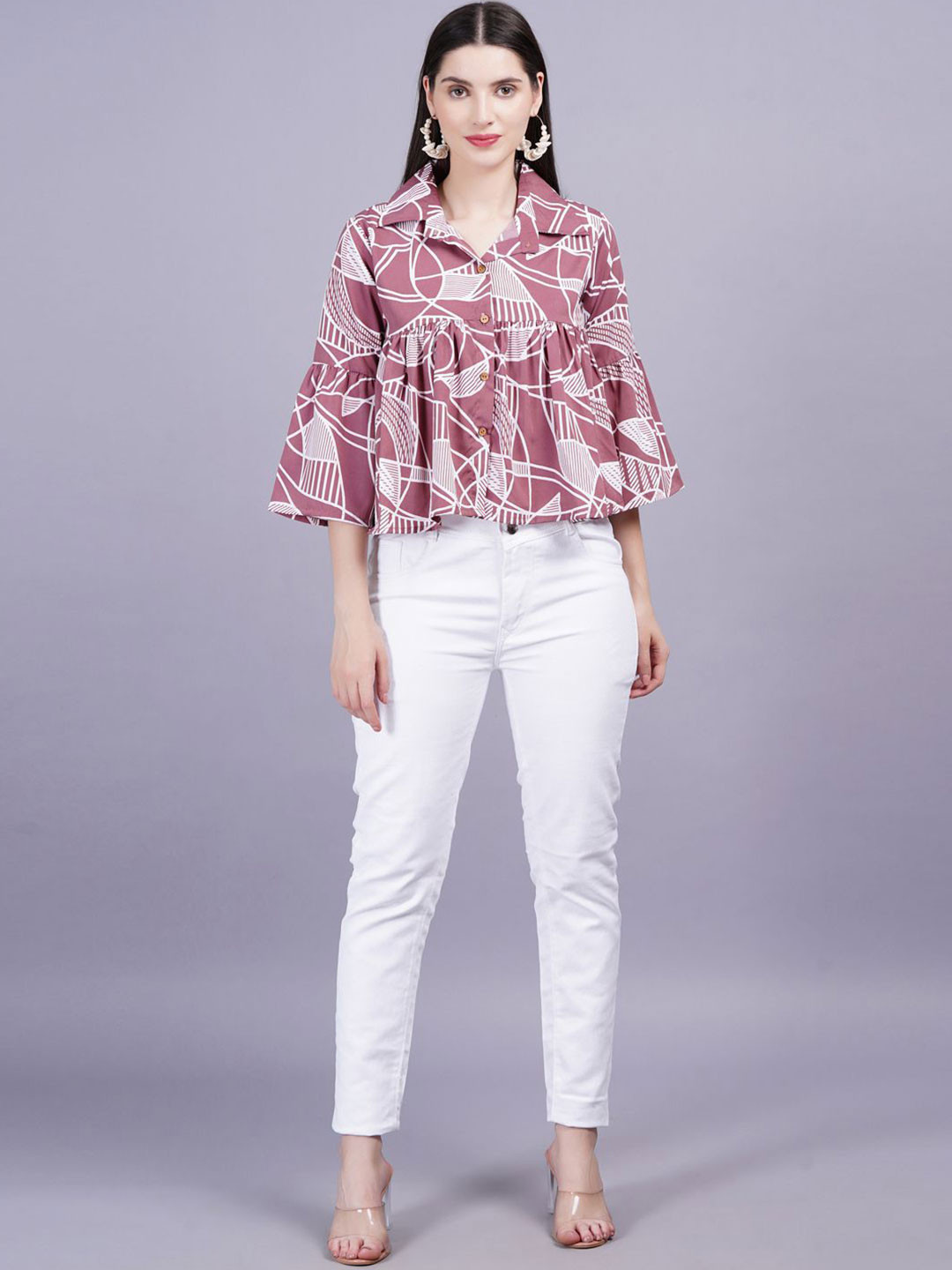 OH MI DIOS Women Abstract Print Bell Sleeve Shirt Top