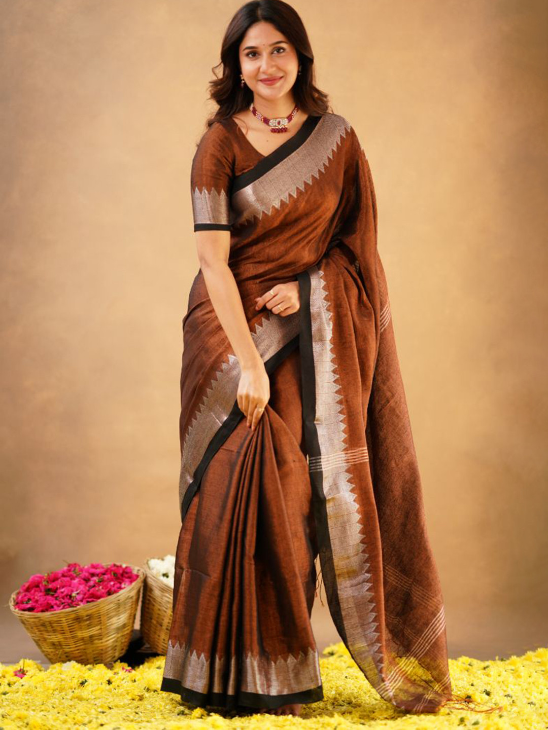 Sutisancha Copper Tissue Elegance & Designer Triangle Drape Saree
