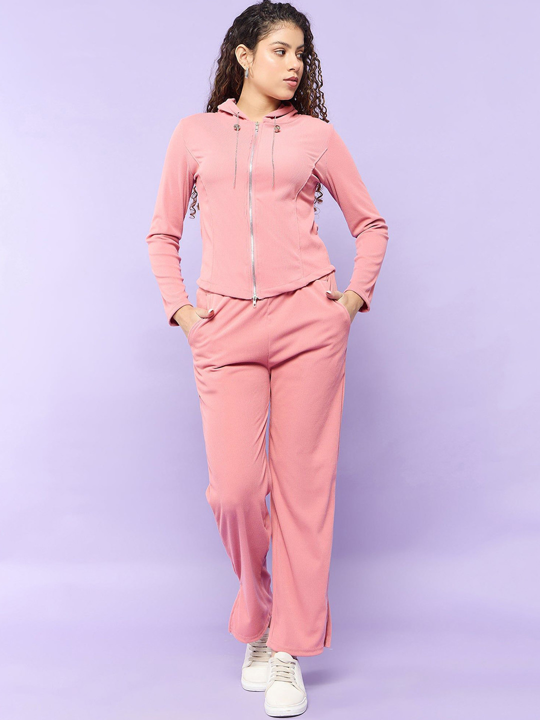 Outzidr Solid Pink Hoodie Co-Ord Set