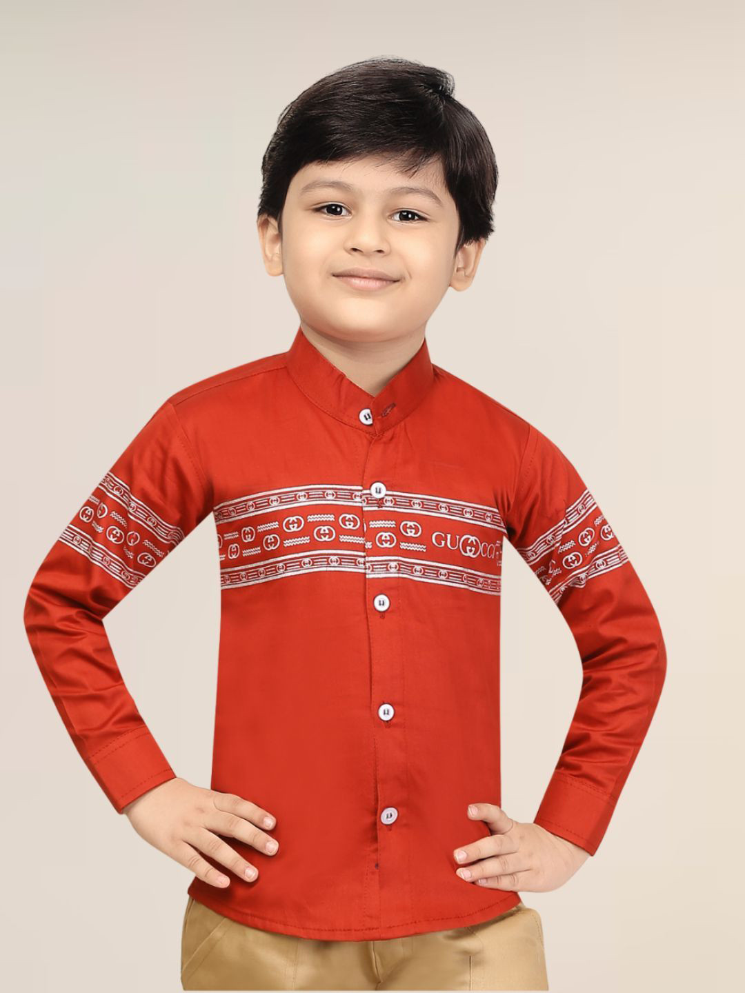 FASHION GRAB Boys Classic Regular Fit Band Collar Horizontal Striped Cotton Casual Shirt