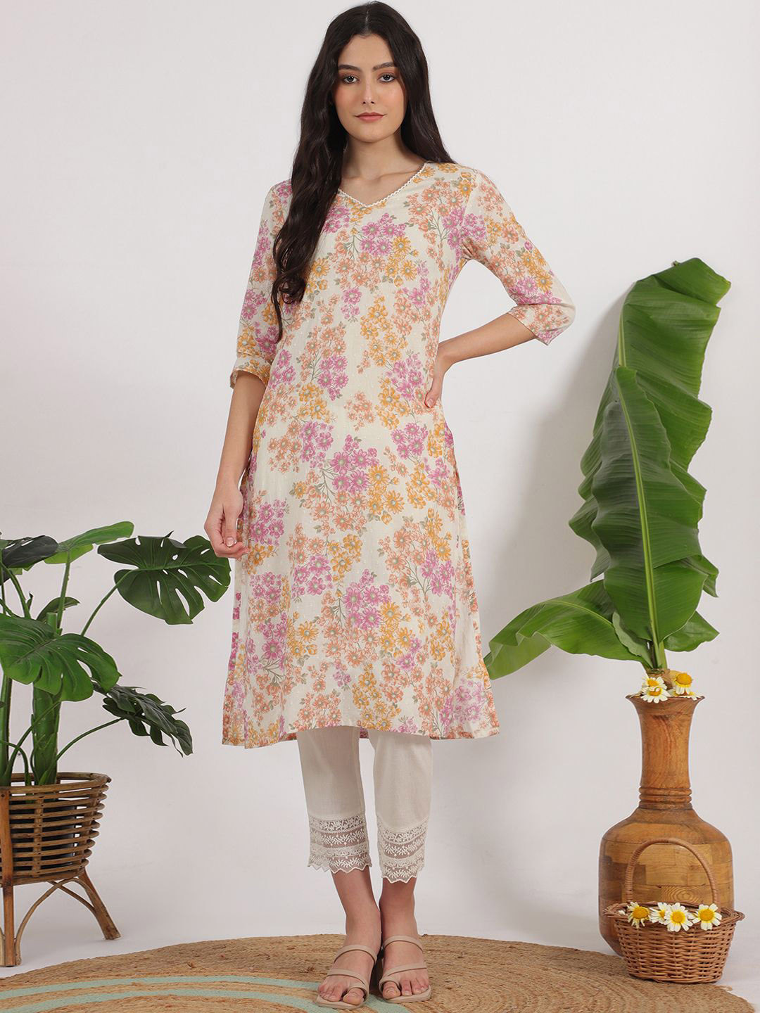 W Floral Printed V-Neck Cotton Straight Kurta