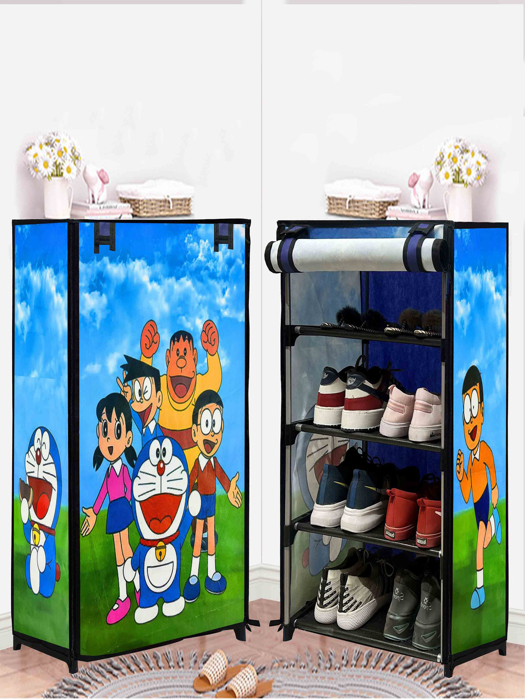 Rmerchants Blue 4-Tiers Printed Shoe Rack