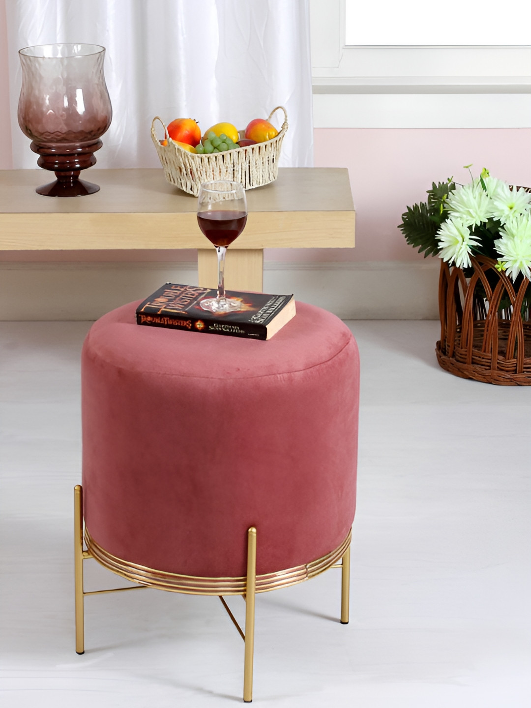 Shadowkart Pink And Gold Toned Cylindrical Pouffes Ottomans