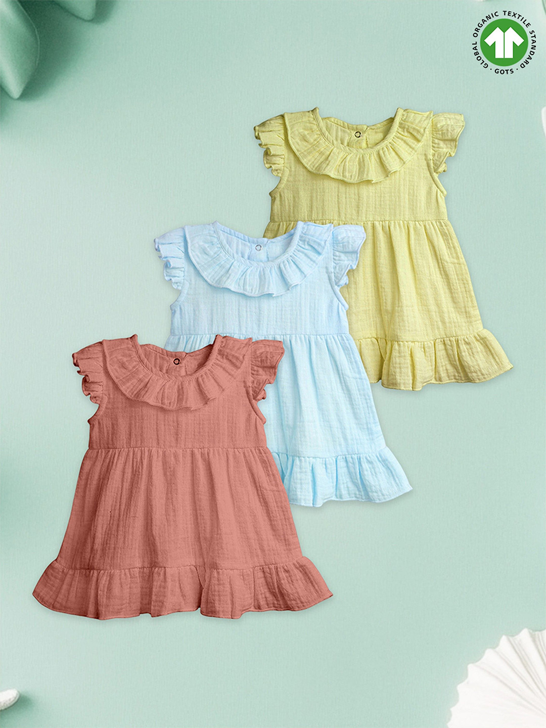 Kidbea Girls Pack of 3 Flutter Sleeve Pure Linen Dresses For Baby