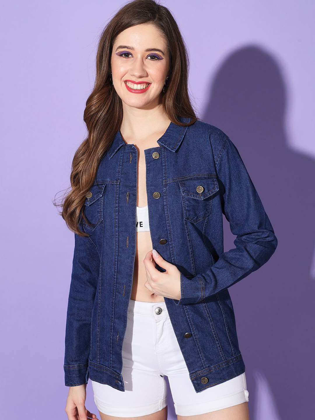 BUY NEW TREND Women Spread Collar Solid Denim Casual Lightweight Denim Jacket