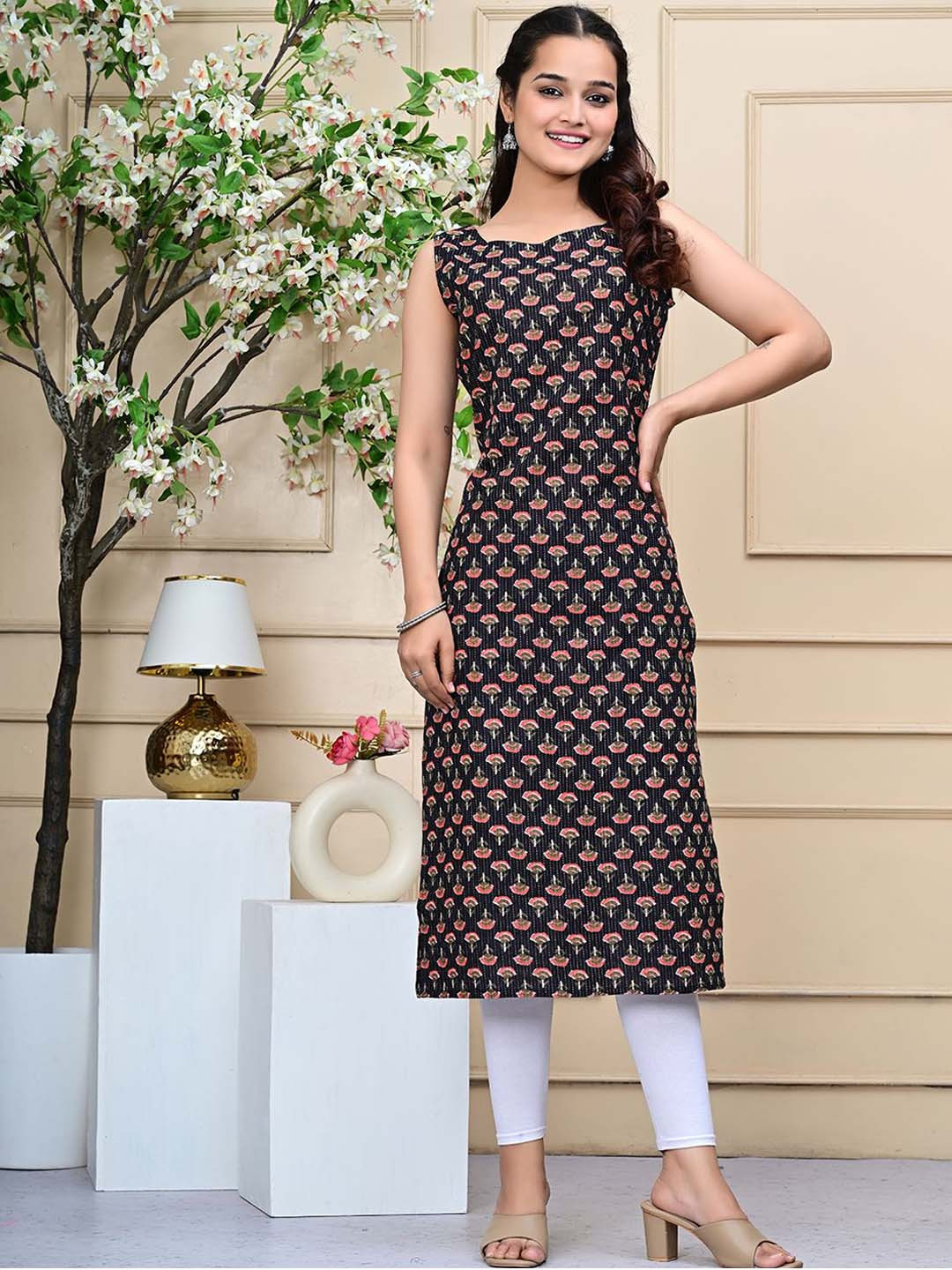 RI AND SU Floral Printed Kantha Work Sleeveless Cotton Straight Kurta